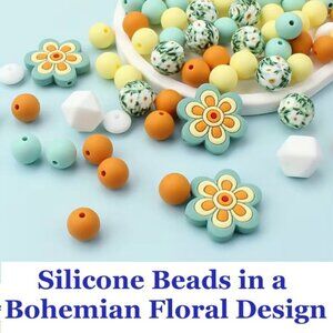 Silicone Beads in a Bohemian Floral Design. Mixed Shapes , 30 Beads. For Pens.